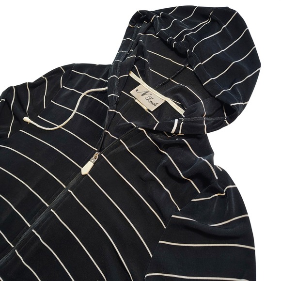 N Touch Tops - Y2K N Touch Women's Black White Stripe Mesh/Sheer Zip Up Hoodie‎ Pockets
